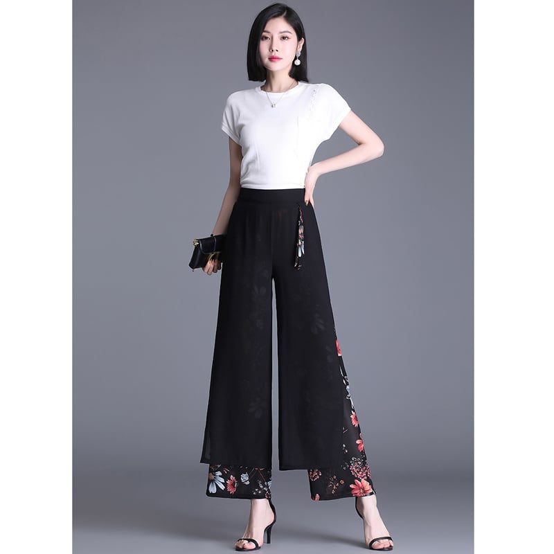 [Banlan Series]★China style pants★ Gaucho pants Floral pattern Casual Cool Elegant Black Black