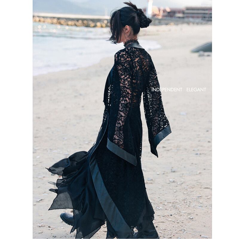 [Big Blue Dragon Series] ★Chinese style dress★ Lace openwork sexy switching black black