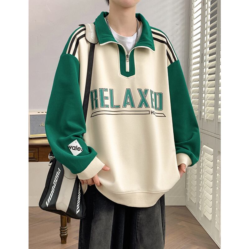 [ZUOFEILI series] ★Tops★ 4color sweatshirt Color scheme Alphabet Unisex Men's Large size Green Beige Black