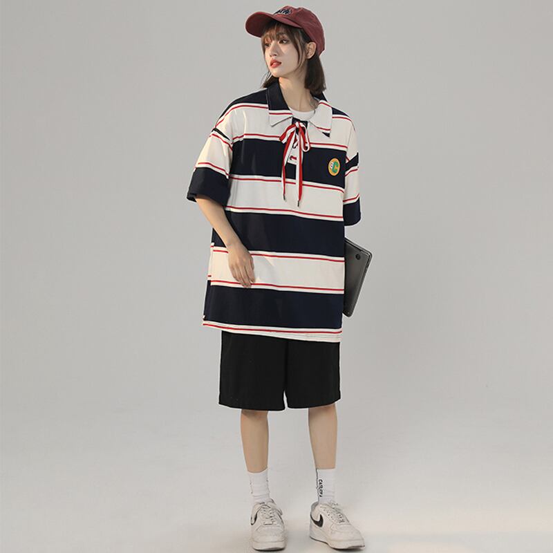 [CHAOMEICHEN Series]★Polo shirt★ 3color tops, short sleeve T-shirt, unisex, men's, striped pattern, horizontal stripes