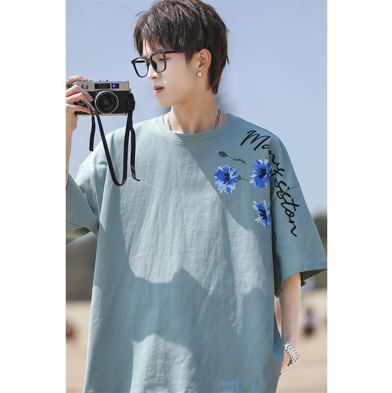 [MANYSTON Series]★T-shirt★ Tops 3color Unisex Men's Short Sleeve Floral Pattern Blue White Black Casual