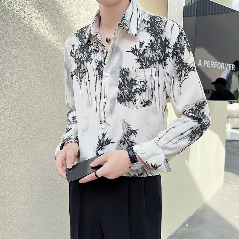 [Illustrated series] ★China style shirt★ Tops, long sleeve shirt, unisex, men's ink pattern, retro, easy to match