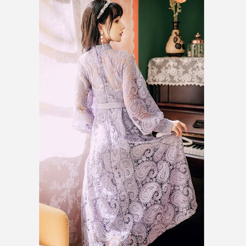 [Kasa no Castle Series] ★China style dress★ 3color black or beige or purple lace dress for dates, weddings, commuting, improving temperament