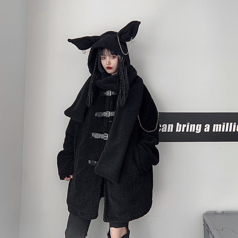 [Miyakoya Series] ★Coat + Hat★ Trench coat Black Black autumn/winter coat Thick, warm, loose, cute