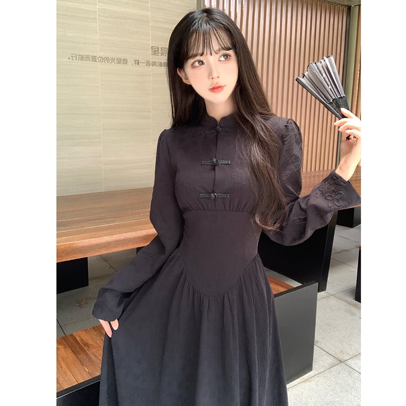 [Dong Xiaojie Series] ★China style dress★ Long length, large size, slimming, black, black