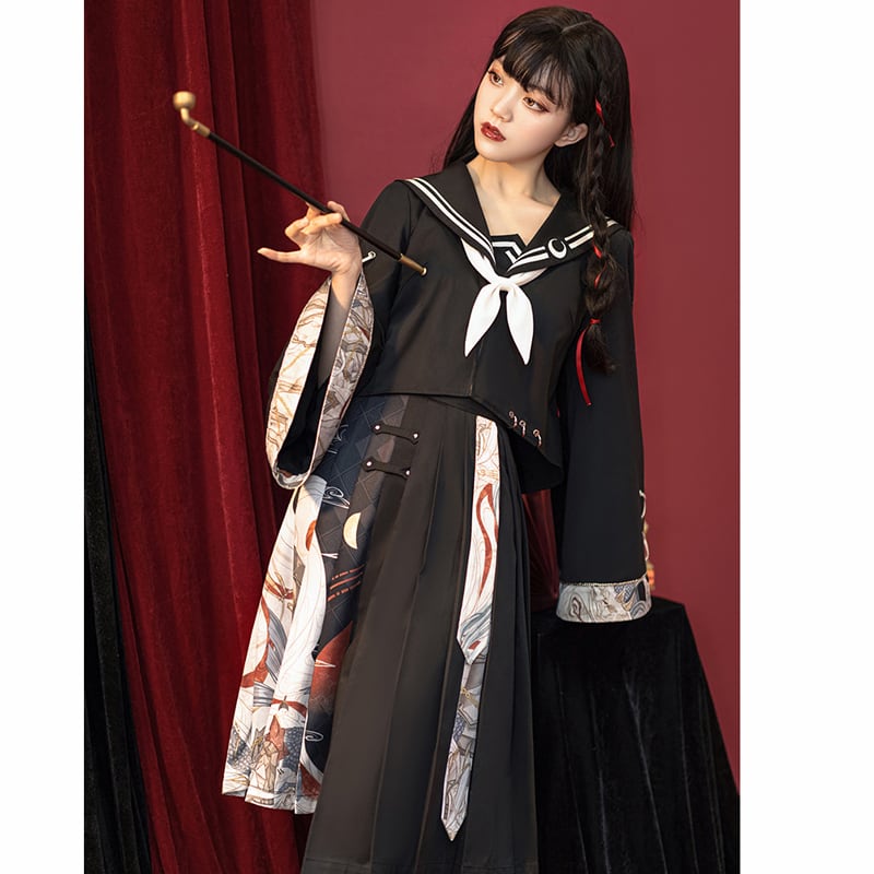 【花悅詩風シリーズ】★チャイナ風セットアップ★ トップス+スカート セーラー服 JK風 2点セット 可愛い