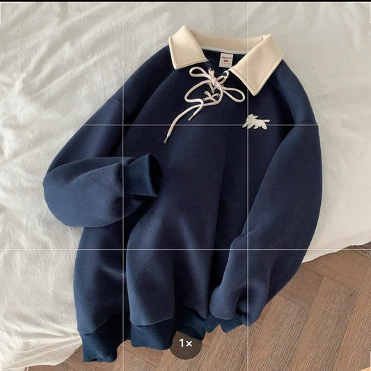 [CHAOMEICHEN Series] ★Tops★ 3color POLO Neck Unisex Men's Long Sleeve Cartoon Apricot Green Navy