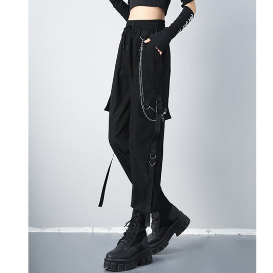 [AZE Series] ★Casual Pants★ Pants with Chains Bottoms Black Black Autumn Clothes Easy to Match and Slimming