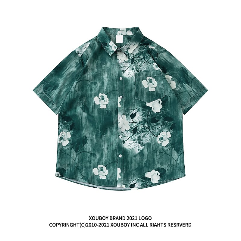 [51XIHA Series]★Shirt★ 2 Color Tops Unisex Floral Print Summer Short Sleeve Green Green Summer ML XL