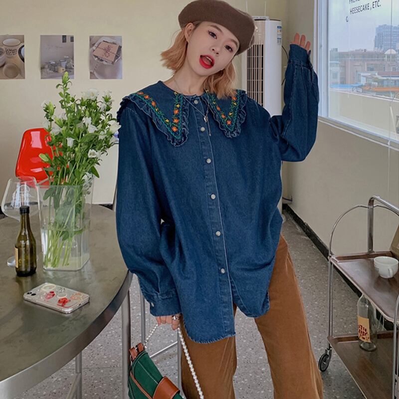 [KEKELI Series]★Shirt★ Tops Cute Collar Embroidery Blue Blue Ladies Fashion ML XL 2XL