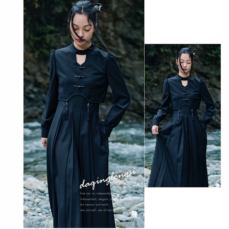 [Big Blue Dragon Series] ★China style dress★ Faux layered retro black black design