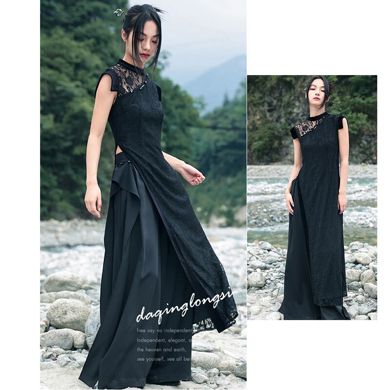 [Big Blue Dragon Series] ★China style tops★ Long tops with slit design, slimming, lace