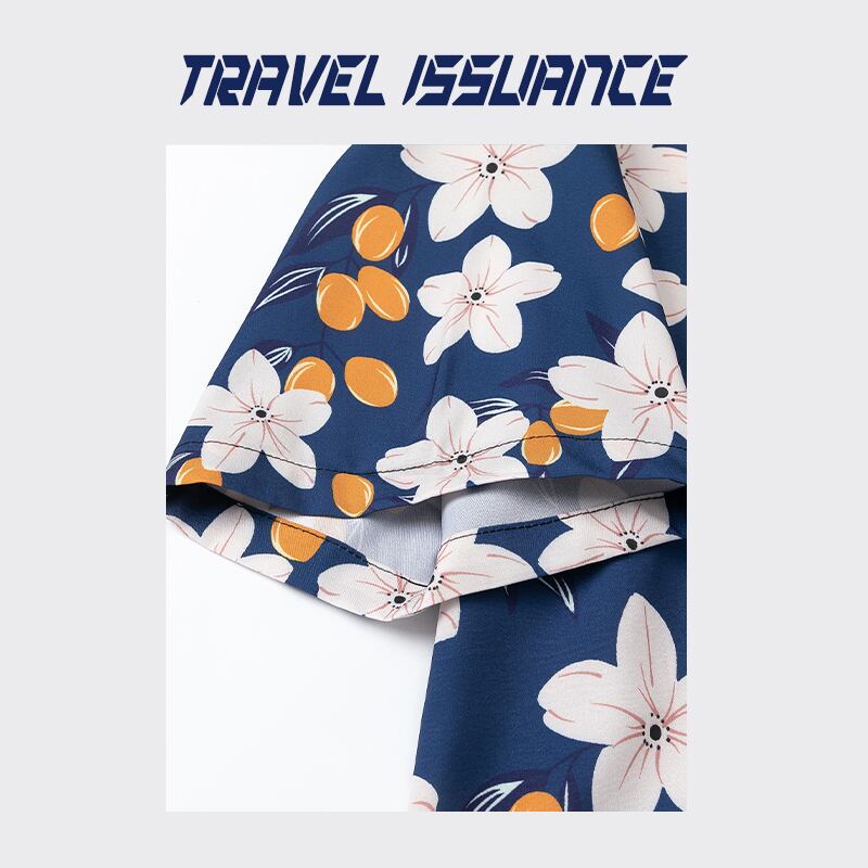 【TRAVEL ISSUANCEシリーズ】★レトロ シャツ★ 花柄シャツ 2color 青or黒 プリント 男女兼用 メンズ 海辺 旅行 撮影