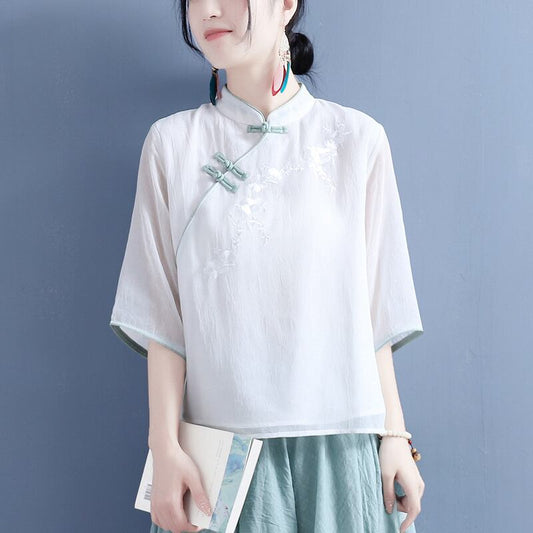 [Qing series]★China style tops★ 3color three-quarter sleeve color scheme blue white pink blue white retro literary style