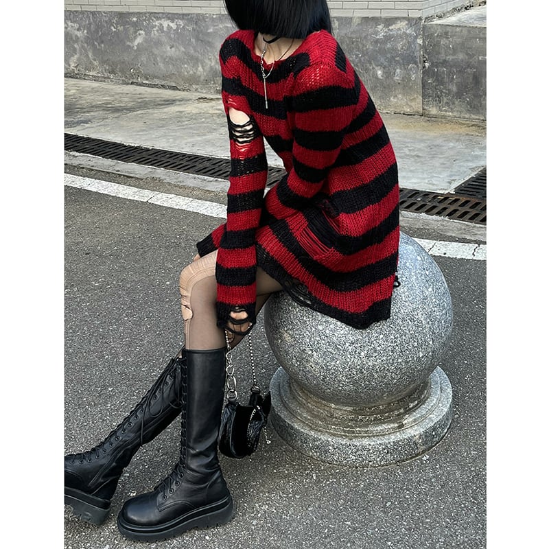 [LadyGhost Series]★Sweater★ 2color Tops Horizontal stripes Striped pattern Distressed Red Black Red Black