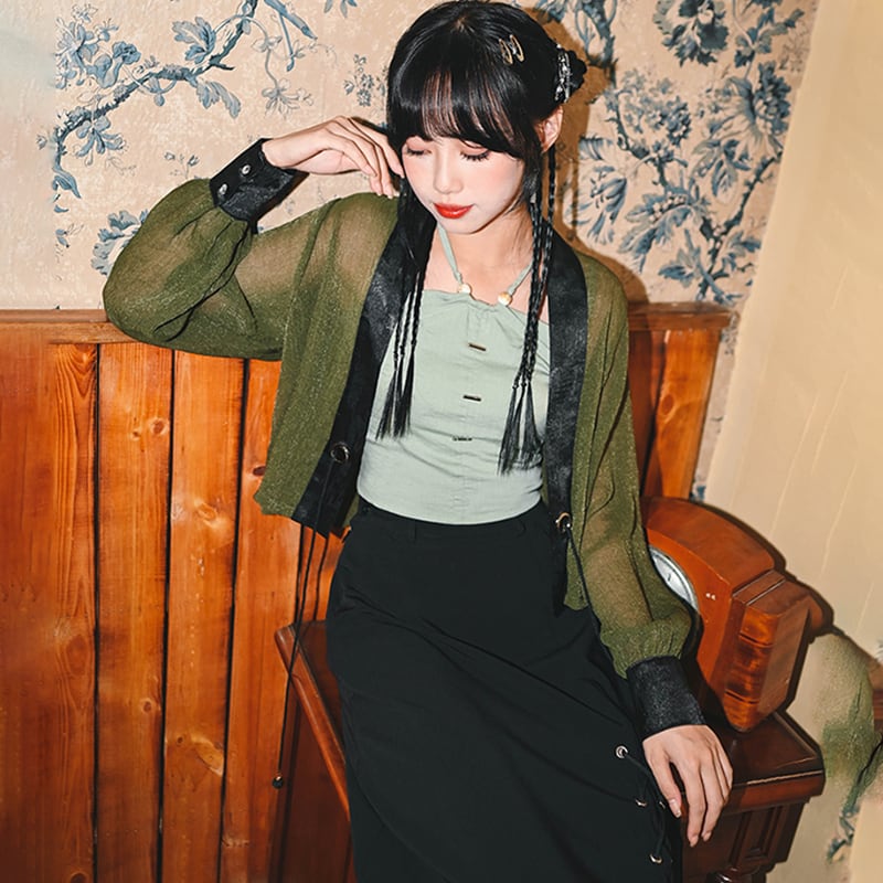 [Kokaisha---Kiritoki Series] ★China style outerwear★ 2color happi coat original chiffon black green SML