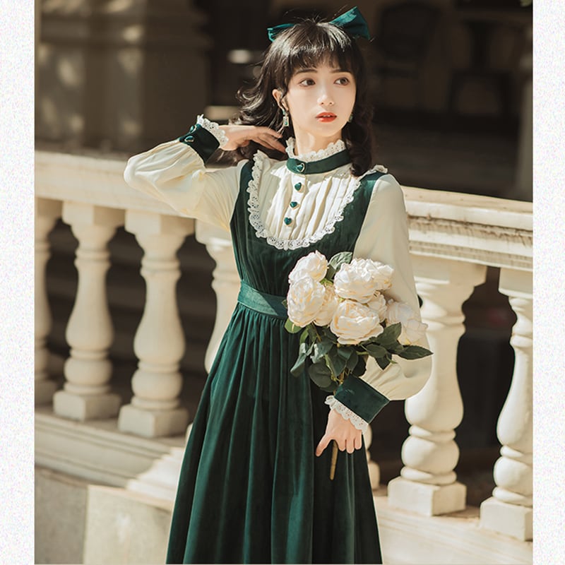 [Nan Kemu Series] ★One Piece★ Long Length Velvet Embroidery Women's Commuting Date Green Green SML XL