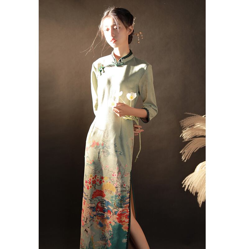 [Mila Ding Series] ★Cheongsam dress★ Chinese style dress for photography, wedding, party, floral pattern, improves temperament