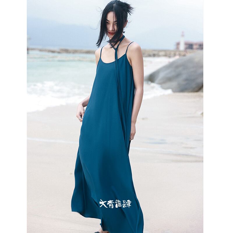 [Daiseiryusu Series] ★China style dress★ Hanging dress Plain Simple Long Length Original Blue Blue