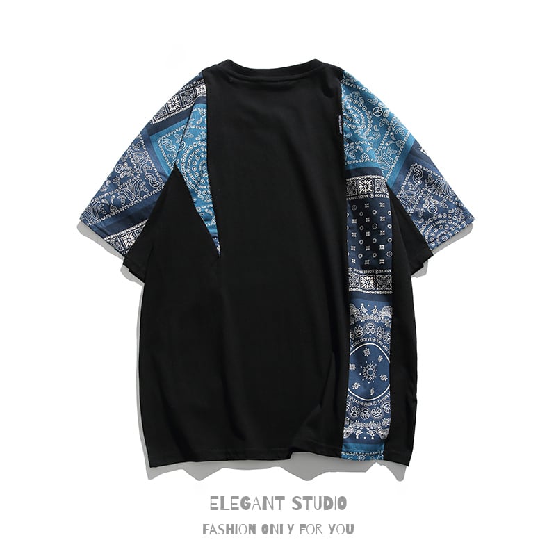 [SGLL Series]★T-shirt★ Paisley Men's Unisex Summer Black White Paisley Pattern T-shirt Switching Short Sleeve