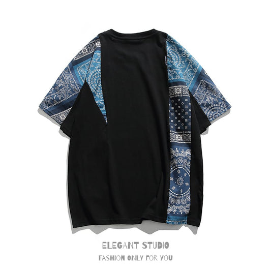 [SGLL Series]★T-shirt★ Paisley Men's Unisex Summer Black White Paisley Pattern T-shirt Switching Short Sleeve