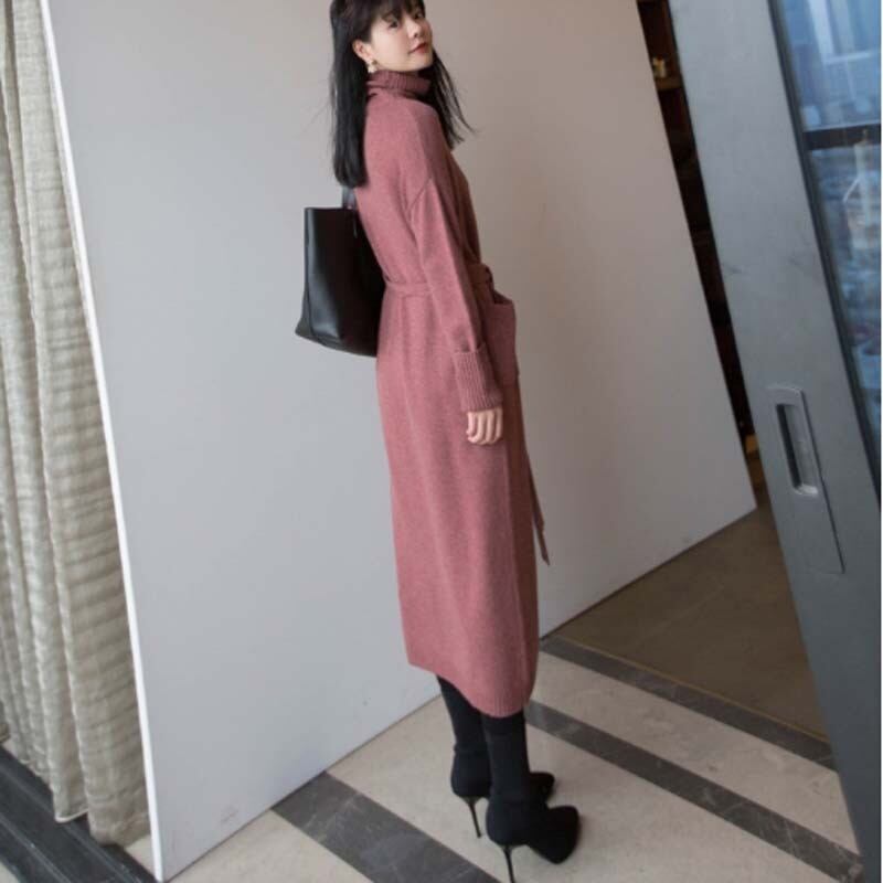 Autumn/winter knit dress, long length, simple, slimming, commuting, office lady, black, gray, pink, SML, XL