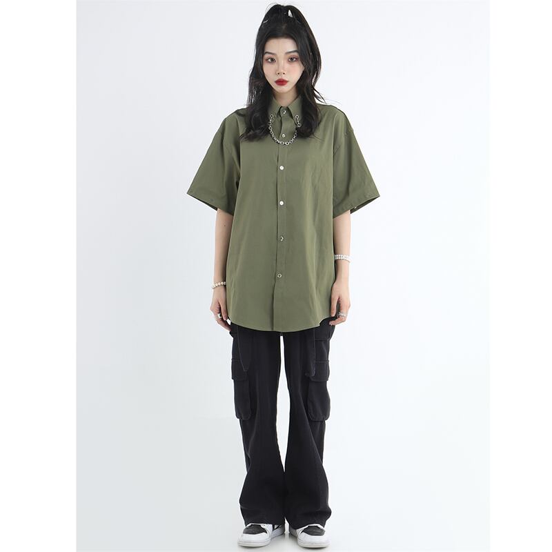 [Istudios Series]★Shirt with chain★ 2color tops long sleeve shirt short sleeve shirt unisex men's black green