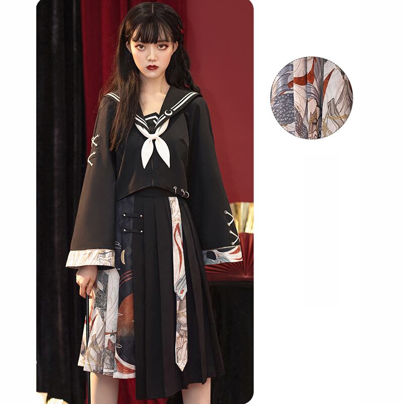 【花悅詩風シリーズ】★チャイナ風セットアップ★ トップス+スカート セーラー服 JK風 2点セット 可愛い