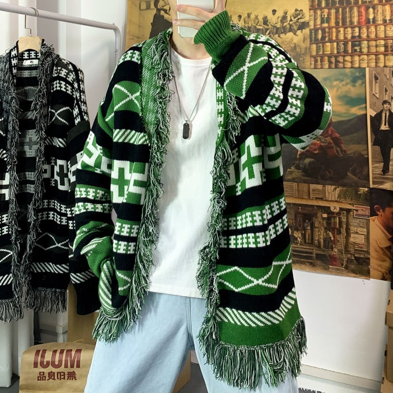 [Gaeteisho Series] ★Cardigan★ 2color Black or Green Sweater Print Unique Fringe Unisex Large Size