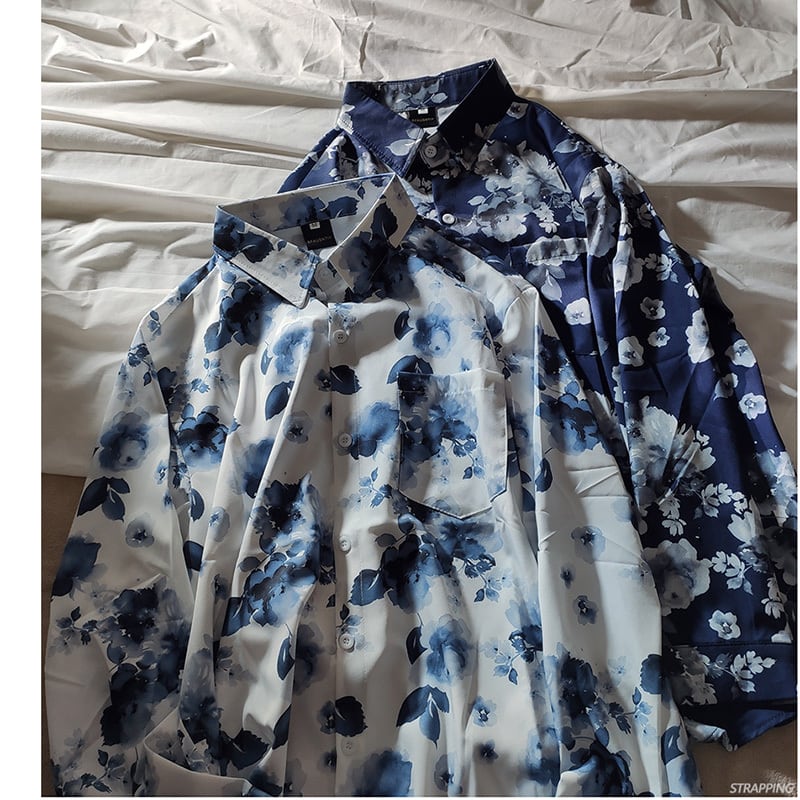 [STRAPPING Series]★Shirt★ 2color Tops Print Unisex Men's Spring Clothes Autumn Clothes Thin Floral Pattern Blue White