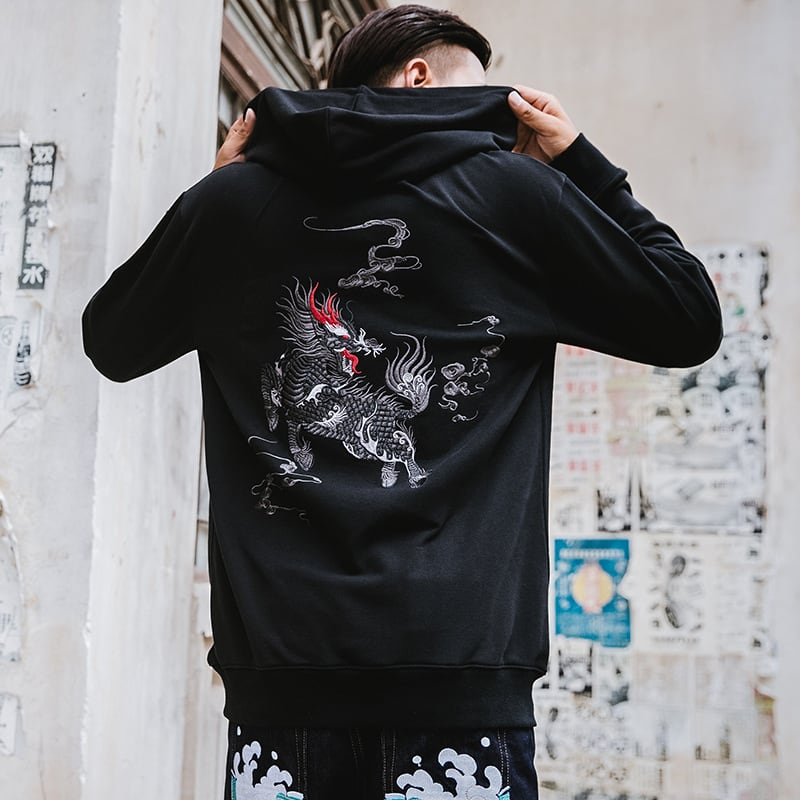 [High quality series] ★China style hoodie★ 2 colors Black or white Kirin embroidery Stylish Unique Unisex Men's Large size