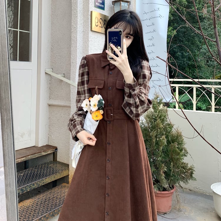 [Dong Xiaojie Series] ★Checked pattern dress★ Large size women's dress Coffee color Commuting Literary style