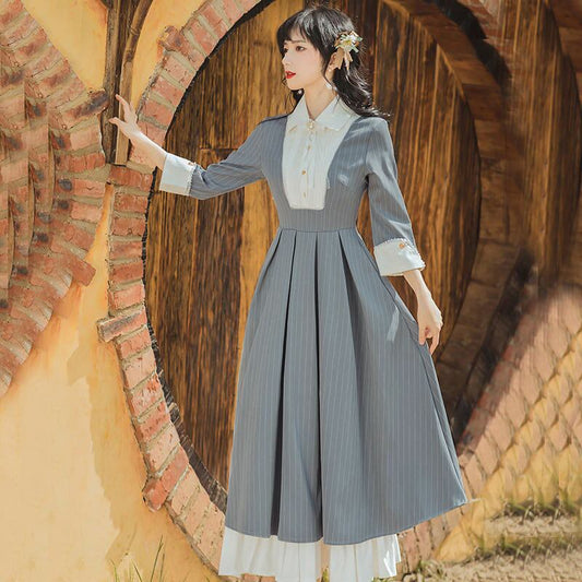 [Tatsuko Chenis Series] ★Long-sleeved dress★ Retro literary style Improves temperament Striped pattern Vertical stripes Gray Gray S M L XL