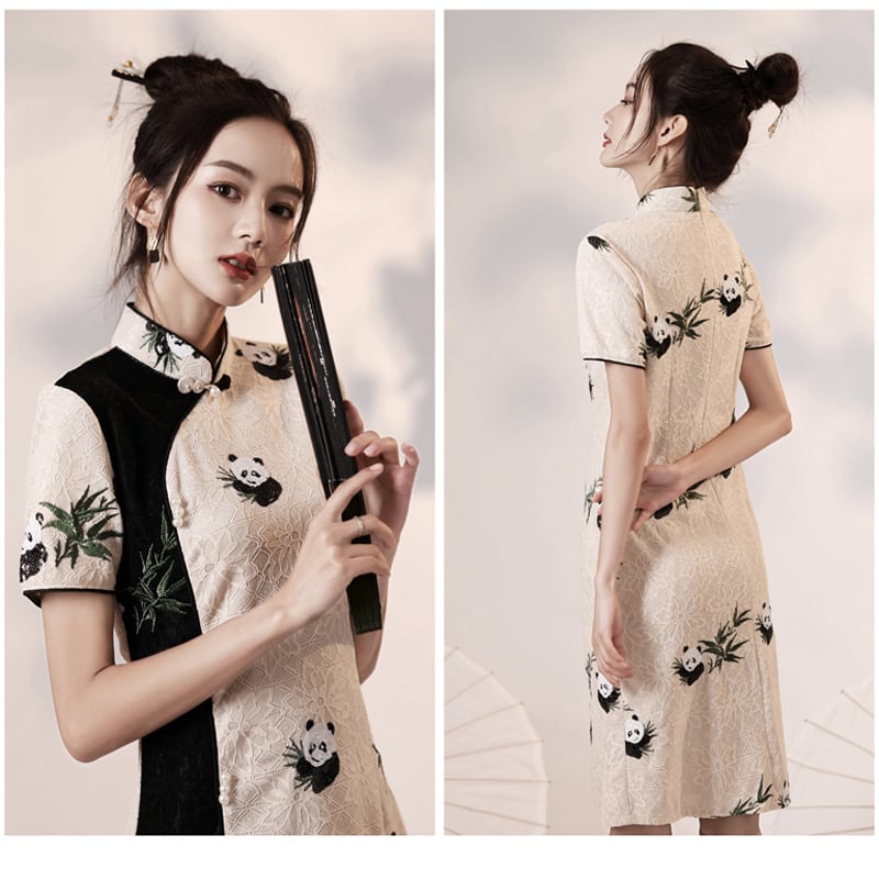 [Yukaku series] ★Cheongsam dress★ China dress Lace Improves temperament Panda Color scheme Beige