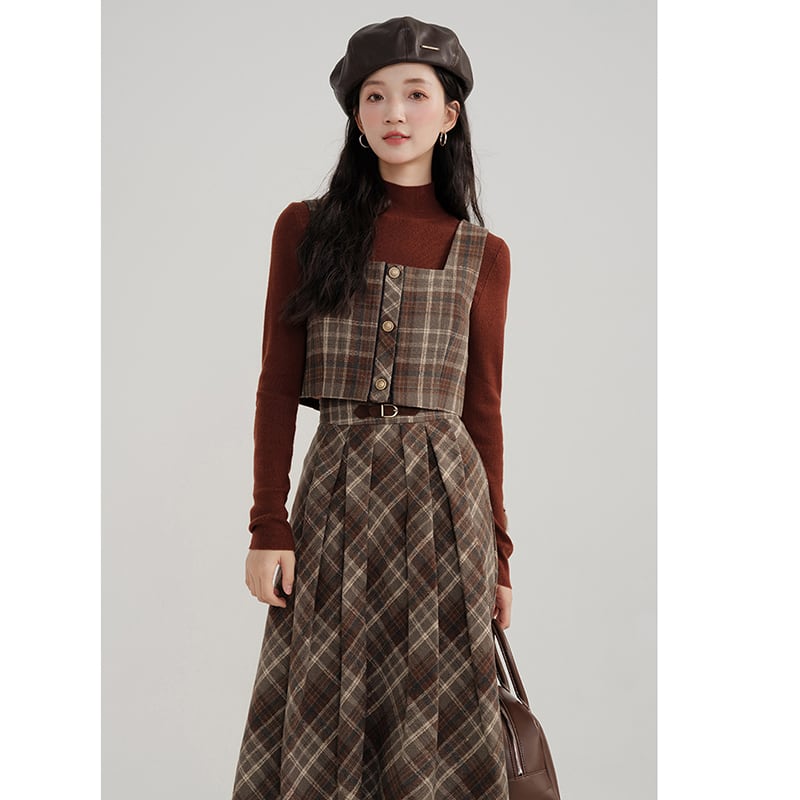 [Kiyi series]★Setup★Checked pattern vest + checked pattern skirt Retro cute Daterasha