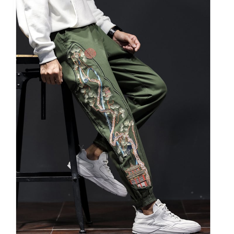 [Small Trouble Series] ★China style pants★ 3 colors Black or green or light brown Embroidery Floral pattern Unisex Large size