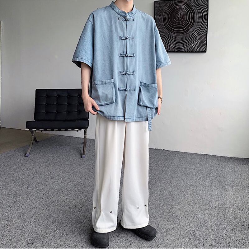 [YISHUO Series]★Chinese style shirt★ 2color Unisex Men's Large Size Denim Shirt Chinese Clothes Blue