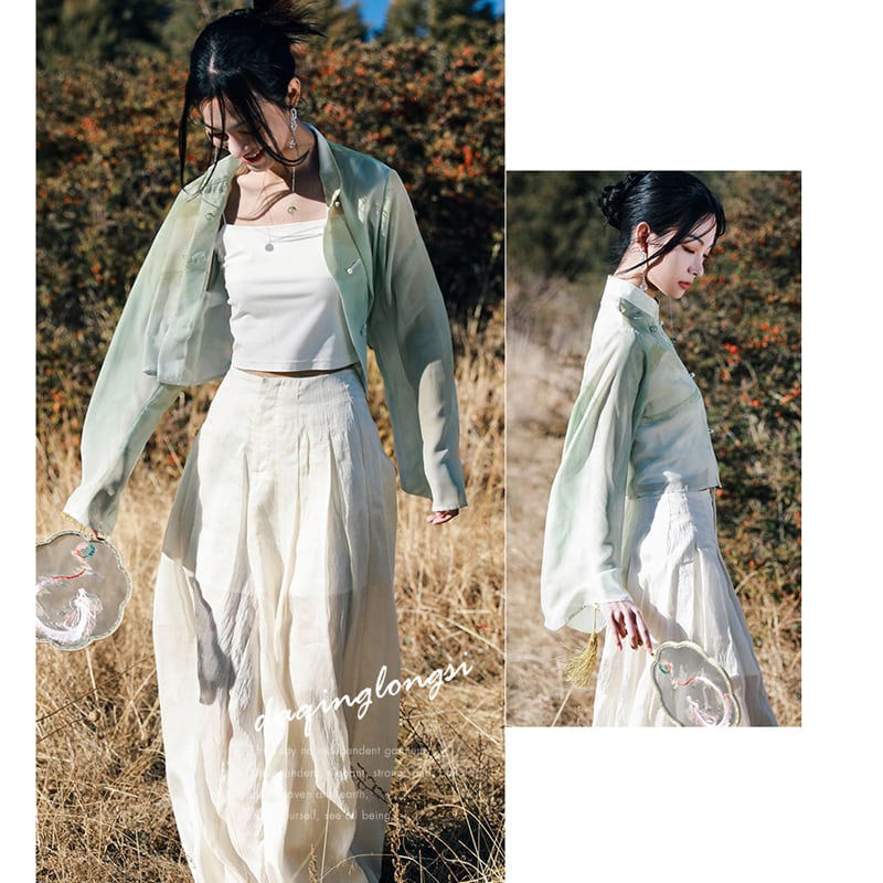 [Daiseiryusu Series] ★China-style shirt★ Tops, long sleeves, sheer, chiffon print, green, green