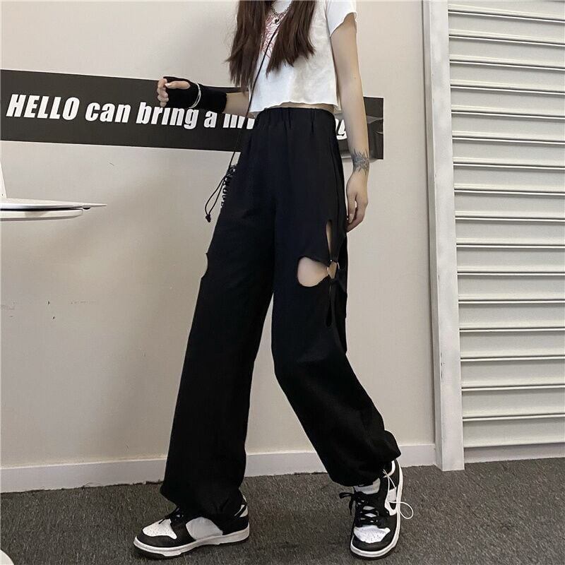 [Demon King Series]★Pants★ Casual Pants Openwork Bottoms Summer Black Floral Pattern ML Elastic Waist