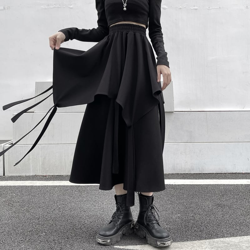 [Miyakoya Series]★Skirt★ Bottoms Irregular Asymmetrical Unique Harajuku style Easy to match Slimming Elastic waist Black Black