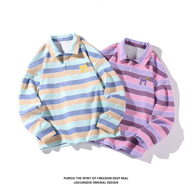 [BIGEMAN Series]★POLO Neck★ 2color Tops Vertical Stripes Striped Pattern Unisex Men's Large Size