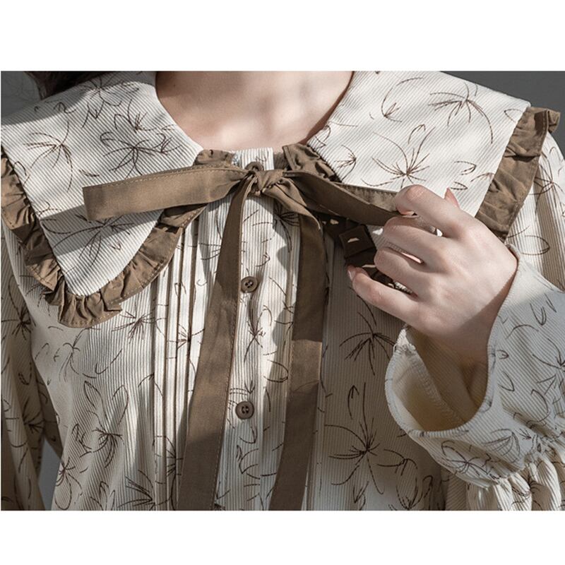 [GUIDUO Series]★Shirt★ Tops, Long Sleeve Shirt, Floral Pattern, Women's, Improves Temperament, Ribbon, Cute, Date, Commuting