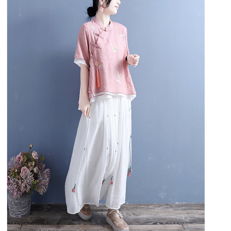 [Qing Series] ★Chinese style tops with decorations★ 4 colors cotton linen embroidery summer simple pink blue green white green