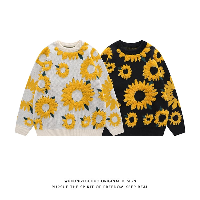 [Satoru Series]★Sweater★ 2color Unisex Men's Sunflower Sunflower Unisex Men's Women's Black White