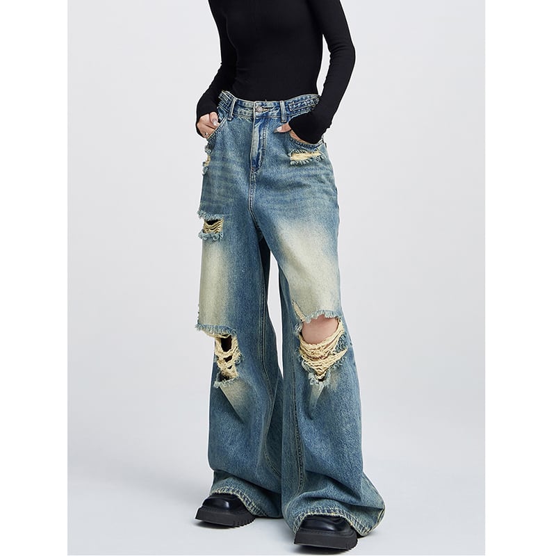 [EDX Series]★Denim Pants★ 2color Bottoms Unisex Men's Black Blue Distressed Easy to Match