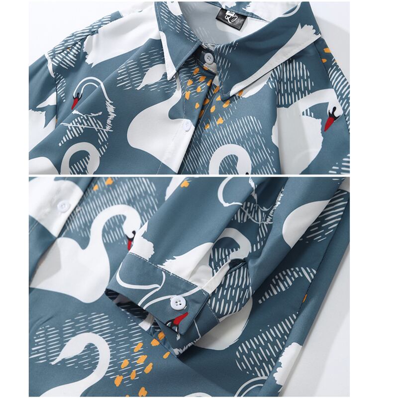 [MOISHE TIDE Series]★Shirt★ 2color Tops Floral Print Cartoon Long Sleeve Shirt Unisex Men's Blue Gray