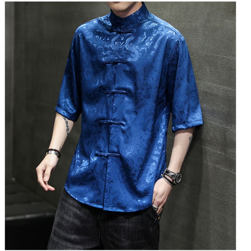 [Tsuncho Series]★China style shirt★ Short sleeve shirt Men's 6color tops Dragon crest Large size Black White Blue Yellow Red Thin Summer clothes