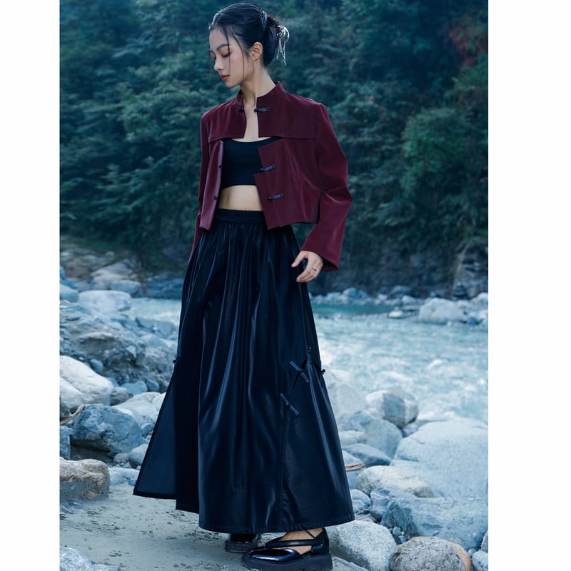 [Big Blue Dragon Series] ★China style outerwear★ PU jacket China button openwork wine red red