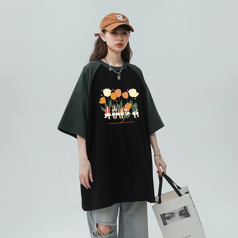 【藤伊曼シリーズ】★Tシャツ★ 3color トップス 男女兼用 メンズ 配色 花 カジュアル 合わせやすい