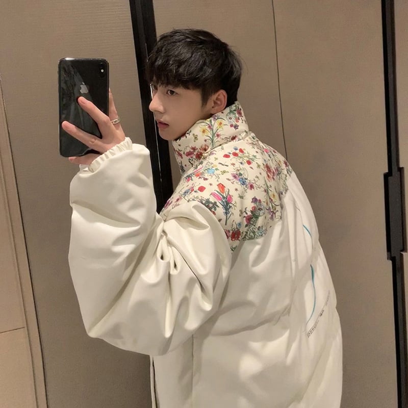 [High Series] ★Winter Coat★ 2color Thick Warm Unisex Men's Floral Pattern Outerwear Switching White Black